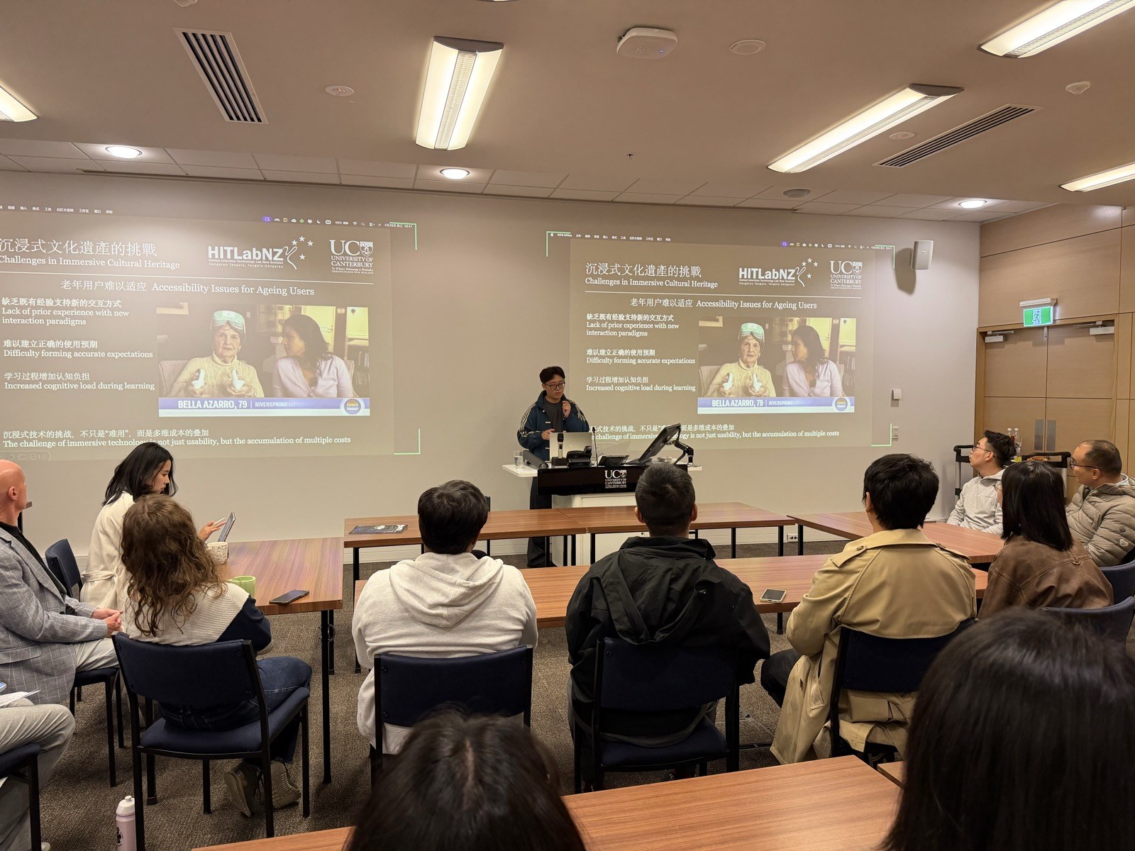 Jichun Zhao presenting research on immersive cultural heritage to an audience at the University of Canterbury.