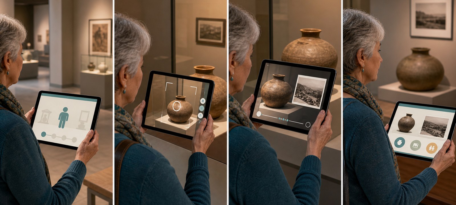 Concept visualization of an older adult using handheld augmented reality in a museum.