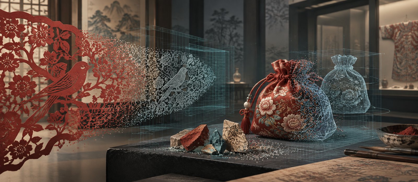 An editorial visualization combining paper cutting, embroidered sachets, point clouds, and digital preservation.